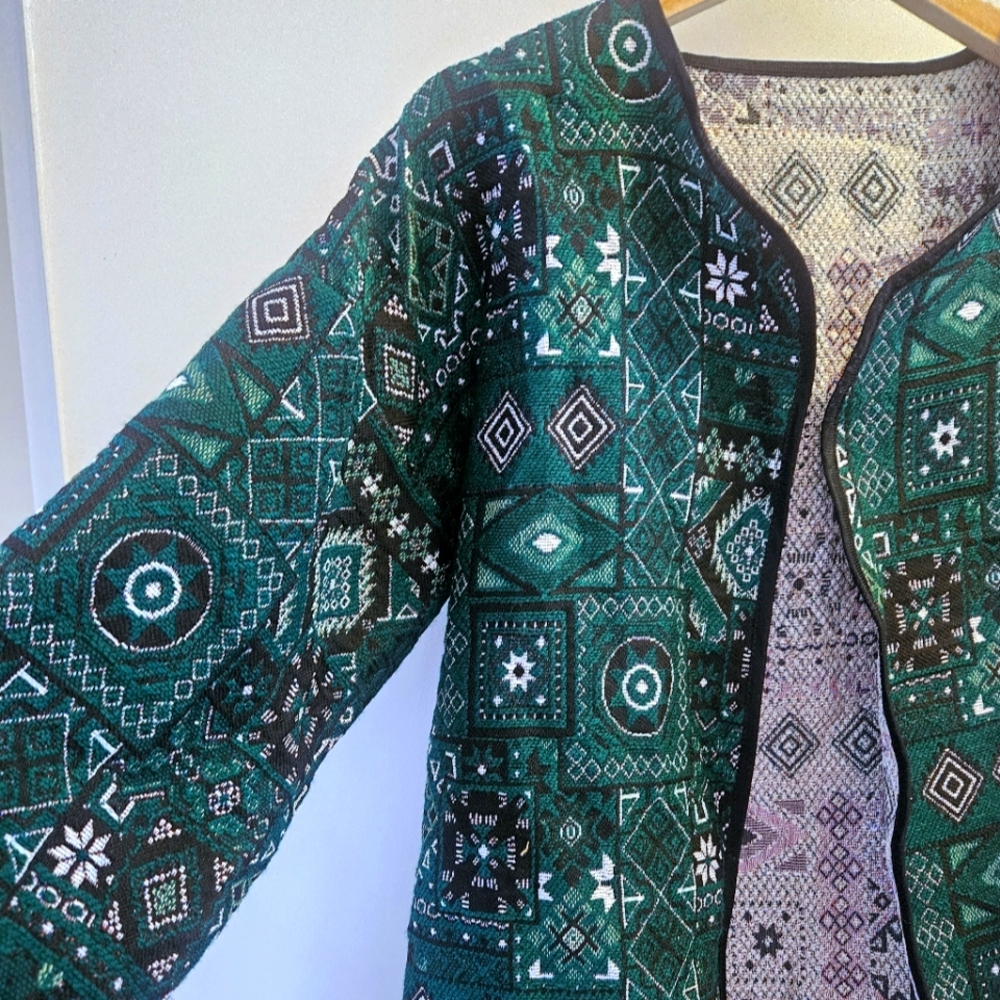 Unique Green Geometric Pattern Jacket, Front Open… - image 2